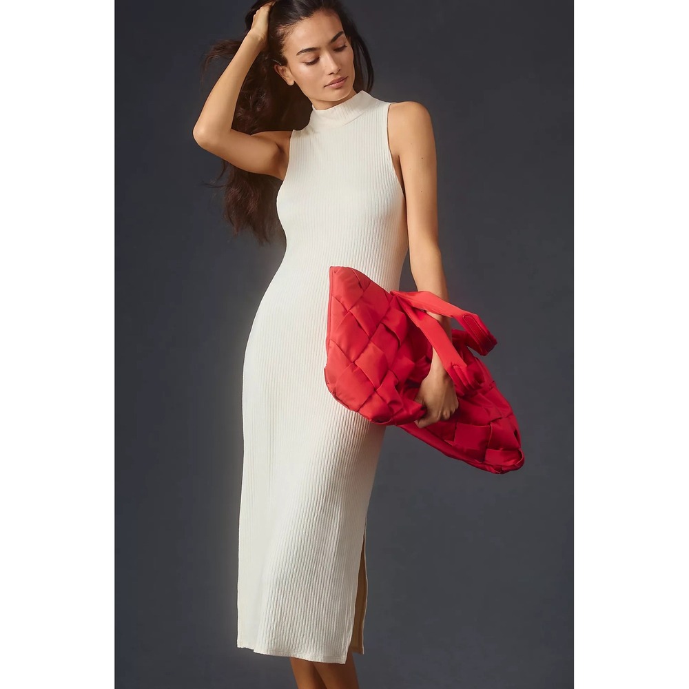 Anthropologie BEYOND YOGA Well Traveled Midi‎ Dress Solid Ivory Ribbed Medium